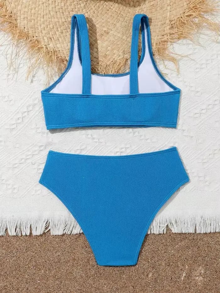 Bikini filles enfants maillot de bain 2026 nouveau bleu côtelé fronde maillots de bain pour enfants été taille haute deux pièces plage maillot de bain natation