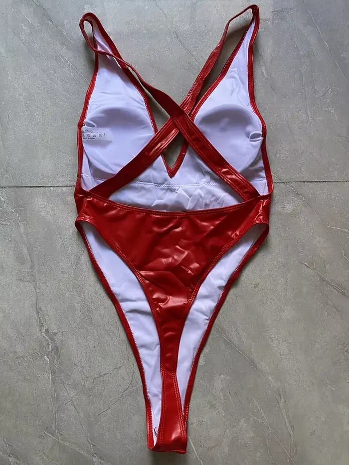 Cuir PU col en V extrême Mini String femmes maillots de bain une pièce maillot de bain femme Monokin