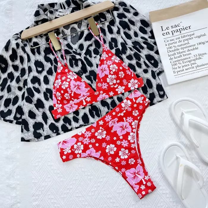 Nouveau Bikini 2026 Sexy Maillot de Bain Femme Push-Up Taille Haute Dos Nu Imprimé Floral Rouge Ense