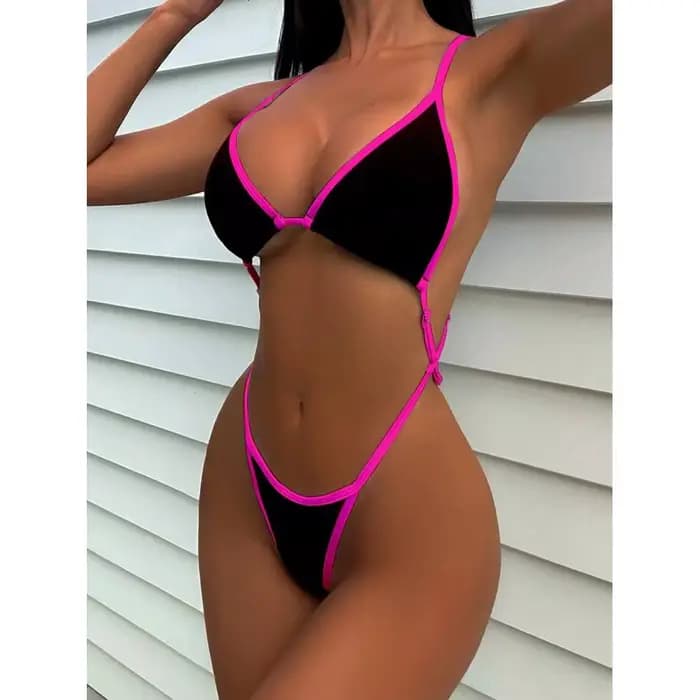 Cikini Summer Beach Maillot de bain une pièce avec bordure contrastée et col licou pour femme - Maillot de bain sexy