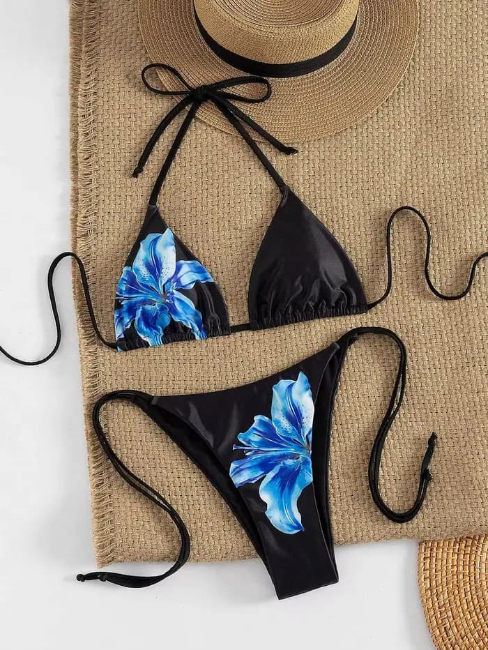 Ensemble de micro-bikinis sexy à imprimé floral, deux pièces, dos noué, string, maillots de bain, te