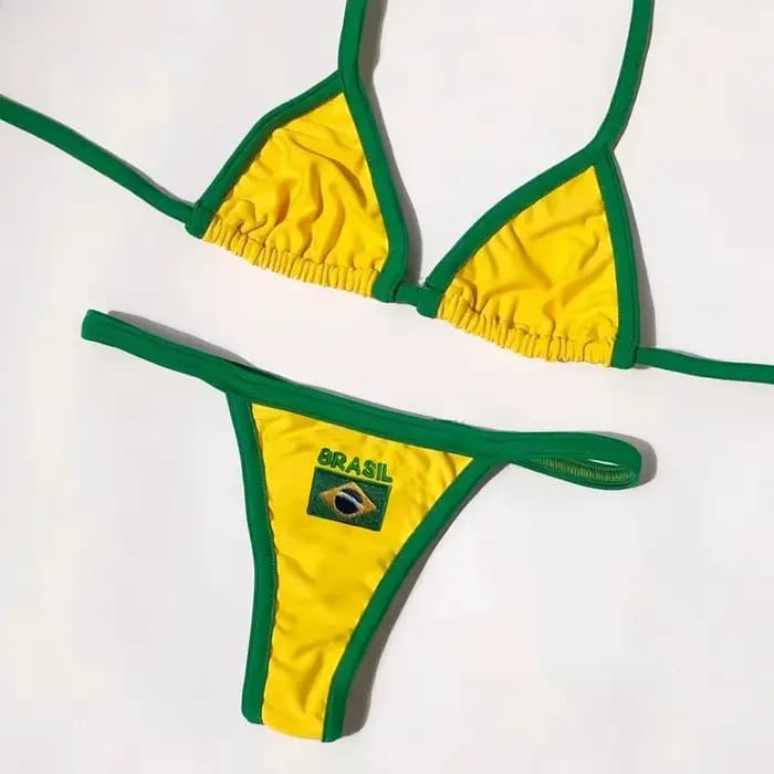 Broderie drapeau du brésil contraste fendu Bikini ensemble femmes maillots de bain Patchwork maillot de bain Hottie tenue SummerBeachwear
