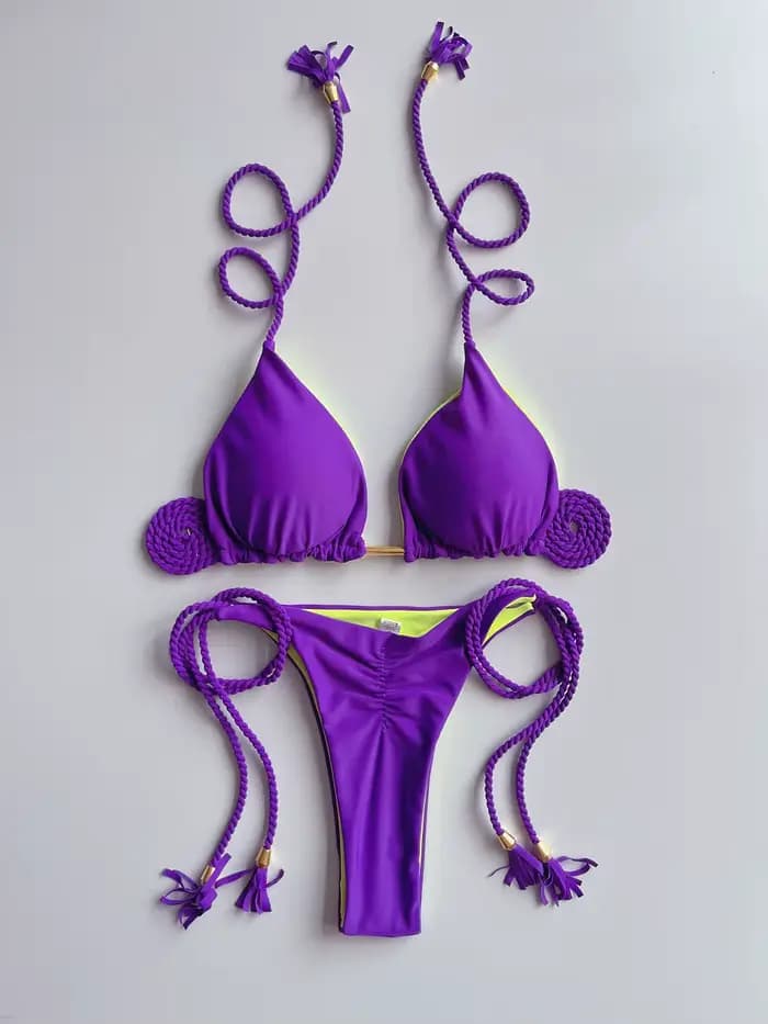 Sexy couleur unie deux pièces Triangle maillots de bain maillot de bain pour femme tressage corde Bi
