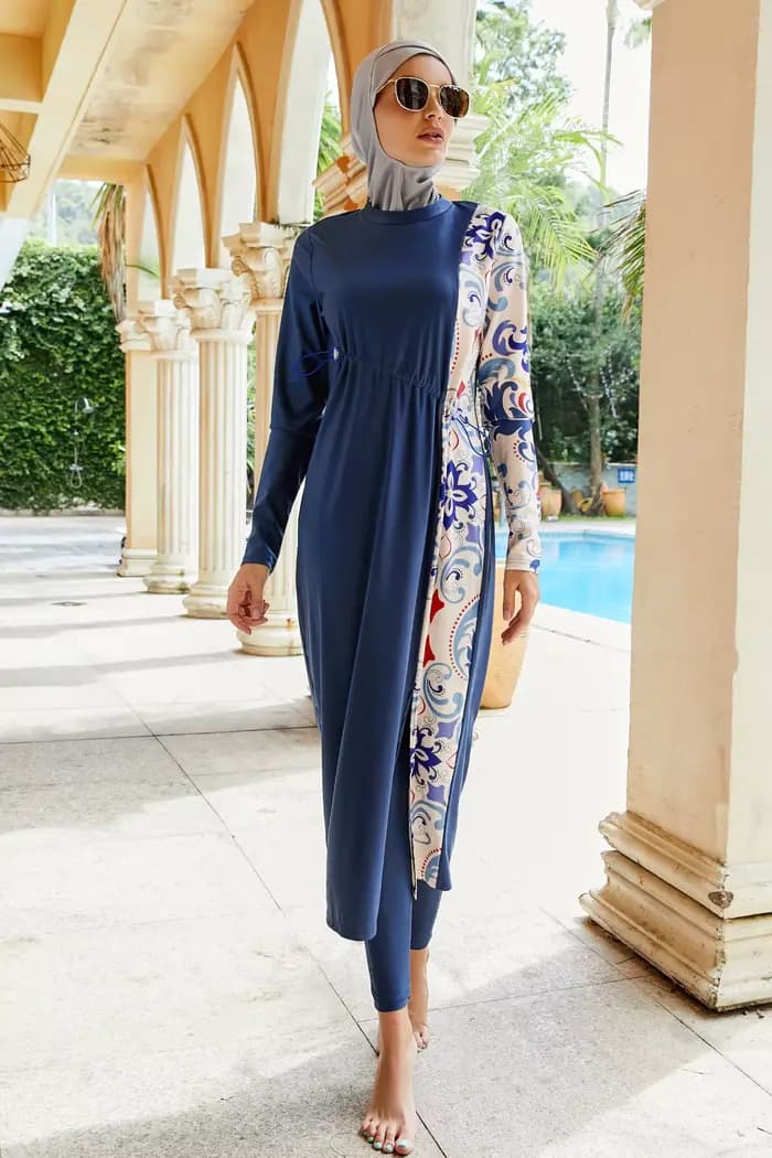 Maillot de bain musulman Burkini pour femmes, ensemble de natation arabe islamique, robe Maxi Hijab, couverture complète, imprimé bleu, Patchwork