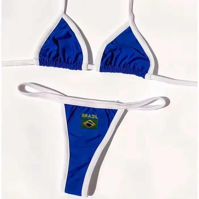Broderie drapeau du brésil contraste fendu Bikini ensemble femmes maillots de bain Patchwork maillot de bain Hottie tenue SummerBeachwear