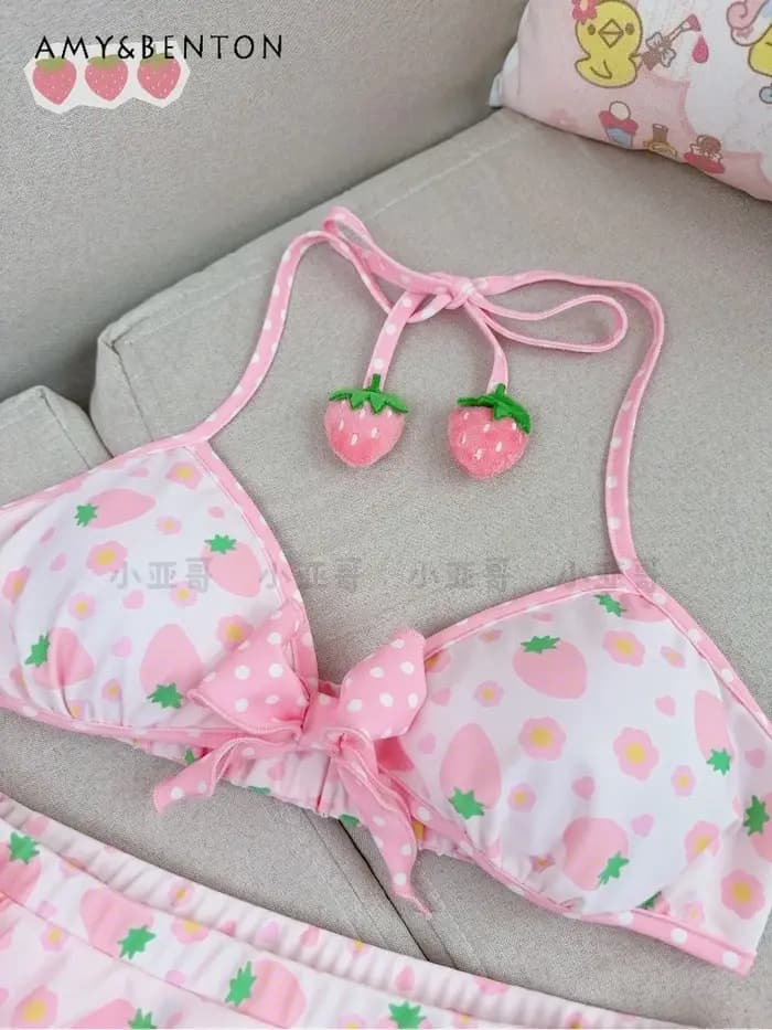 Kawaii dessin animé fraise imprimé deux pièces jupe maillot de bain mignon princesse Style Bikini