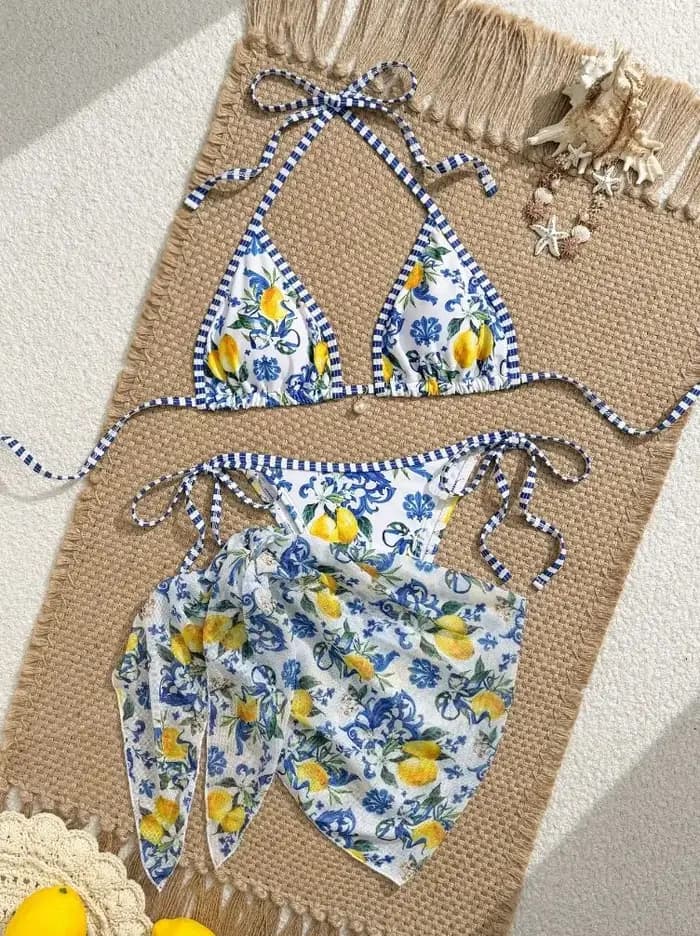 Maillot de bain bikini sexy trois pièces thème citron 2026 pour la plage et les sources chaudes – Polyester et élasthanne de haute qualité