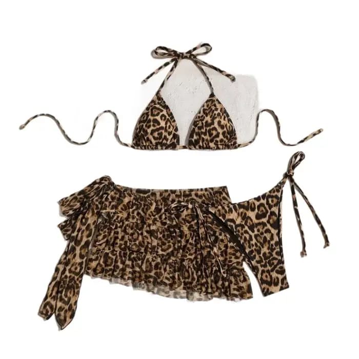 Ensemble Bikini 3 pièces imprimé léopard pour femmes