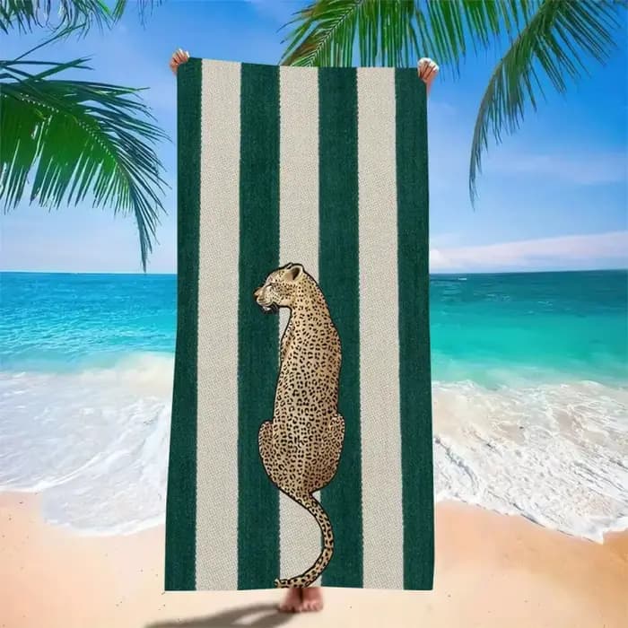 Serviette de plage élégante à rayures vertes et imprimé léopard - Couverture de bain en microfibre s