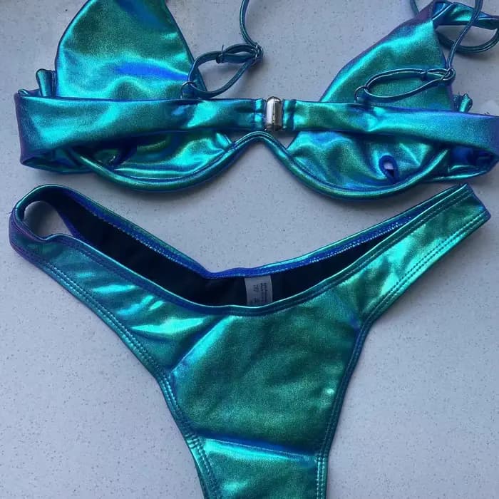 Maillot de bain triangle holographique bleu
