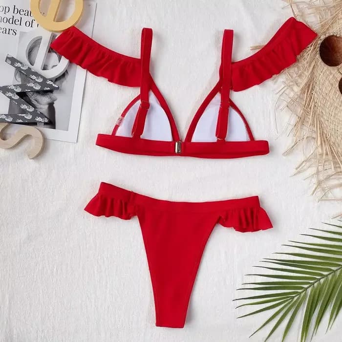 2026 Ensemble de bikinis sexy pour femme, maillot de bain rouge à volants, style triangle, tenue de plage