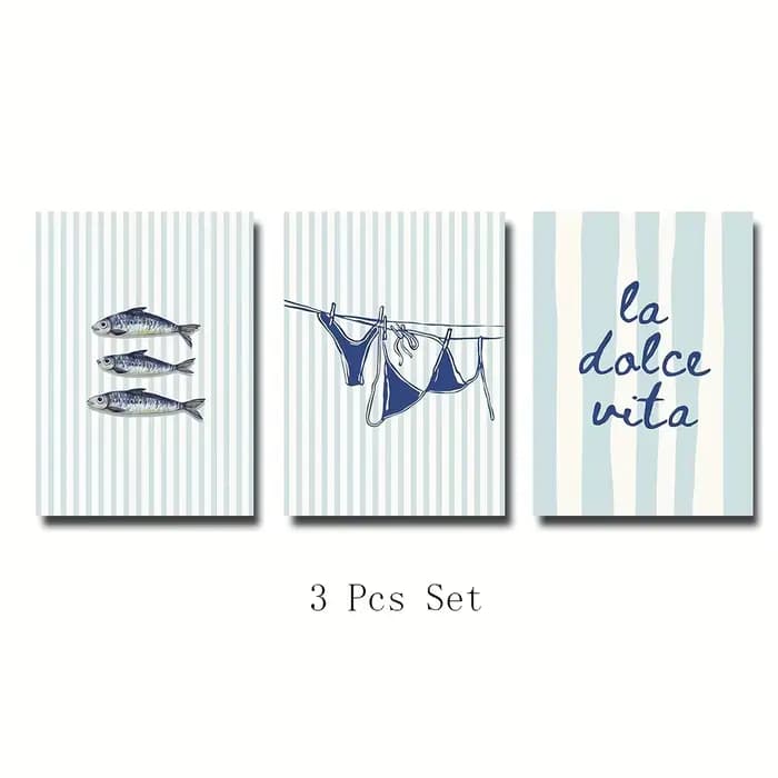 3 pièces/ensemble "La Dolce Vita" Sardines Bikini bleu rayure toile impression affiche moderne décor