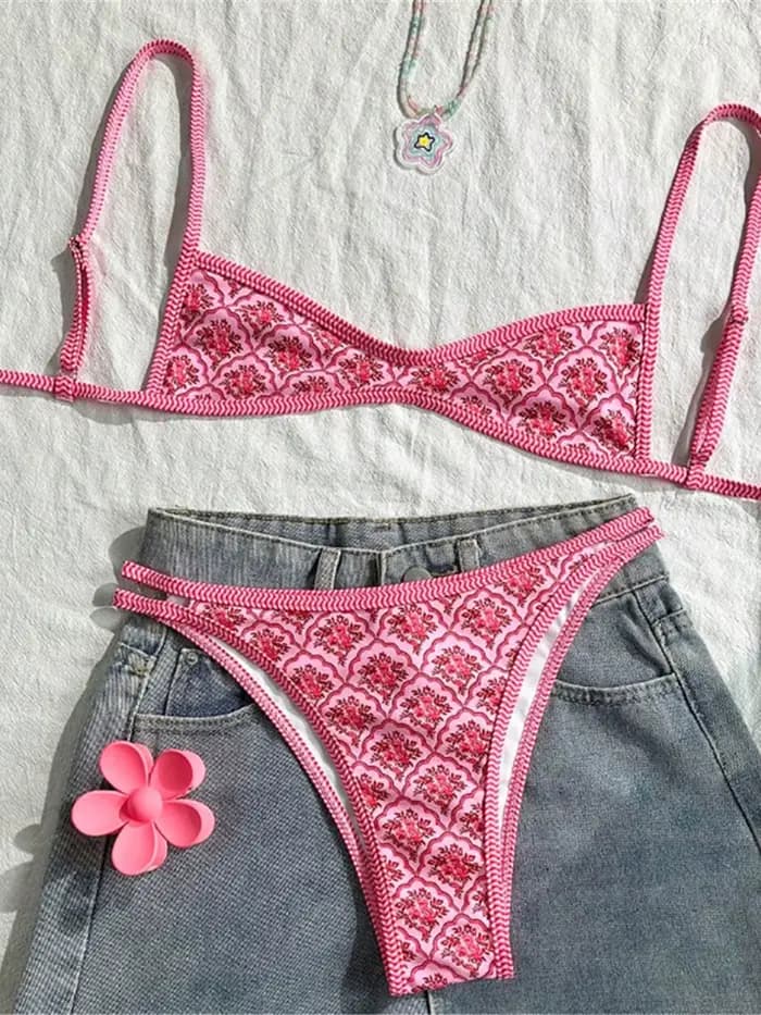 Maillot de bain deux pièces imprimé fleurs, coupe haute, pour femmes, ensemble bikini, maillot de ba
