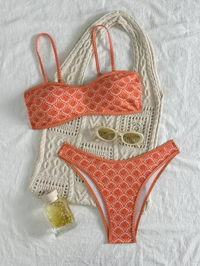 Bikini Bandeau Sexy 2026 Femme Vert Floral Plissé Push-Up Rembourré String Maillot de Bain Été Deux Pièces Biquini