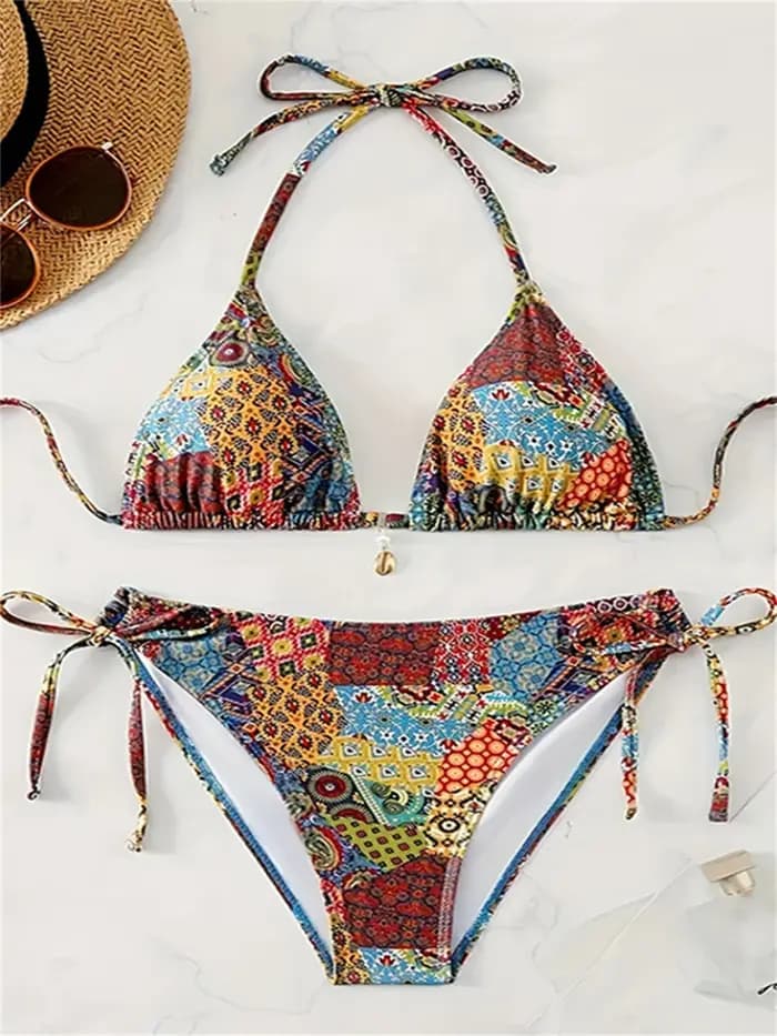 Bohème imprimé Bikinis licou String dos nu maillot de bain Push Up Bikini pendentif vacances maillots