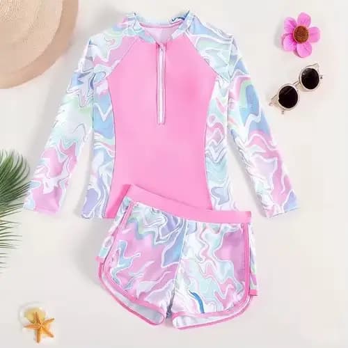 Maillot de bain deux pièces pour jeunes filles, ensemble imprimé à la mode, manches longues, fermetu