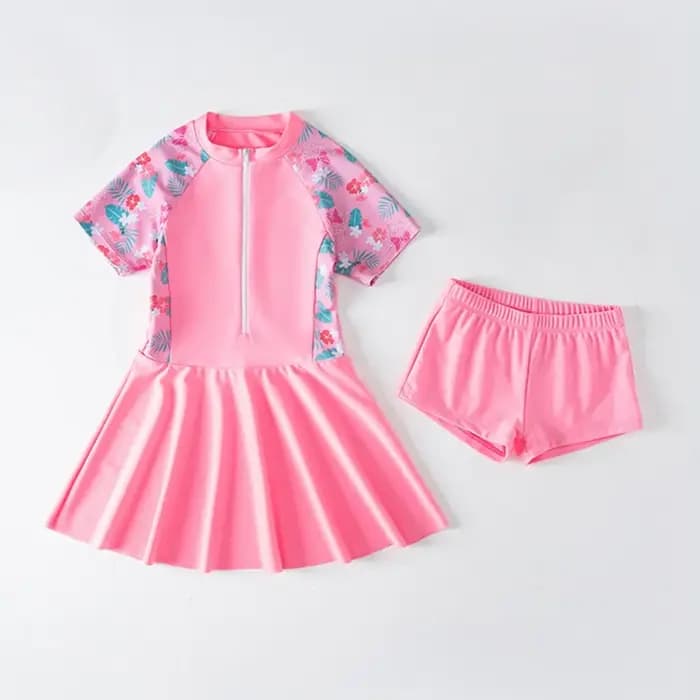 Maillot de bain 2 pièces pour filles, jupe et haut de protection solaire à manches courtes, motif floral, séchage rapide, pour enfants