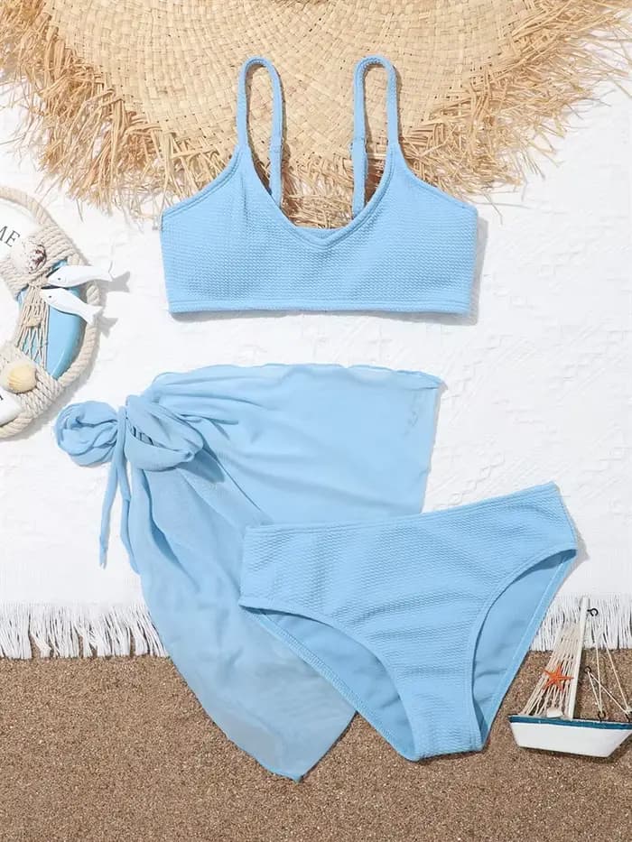 Maillot de bain bikini pour filles 2026 Nouveau ensemble bikini côtelé uni à bretelles taille haute