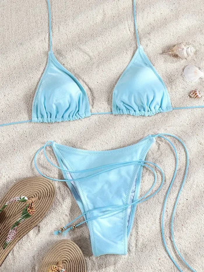 Maillot de bain triangle 2026 bleu clair, bikini string, maillot de bain bandage, maillot de bain dos nu, maillot de bain sexy, tenue de plage deux pièces