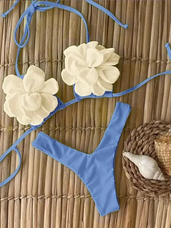 Ensemble bikini 2 pièces sexy à lacets et motifs floraux 3D pour femme, maillot de bain fendu, collection plage, nouvelle collection été 2026