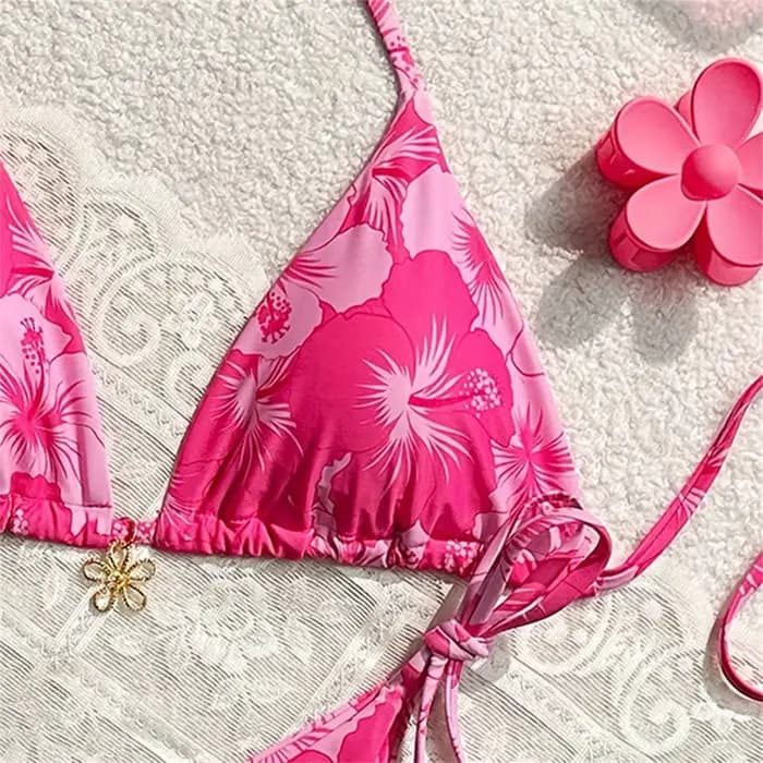 Fleur pendentif Bikinis ensembles rose imprimé fleuri maillot de bain Push Up Triangle String dos nu maillot de bain Bikini femmes plage maillot de bain