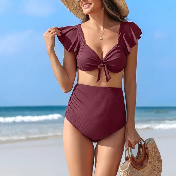 Anfilia femmes maternité Bikini ensemble solide à volants dos nu maillot de bain Bandeau taille haute élégant
