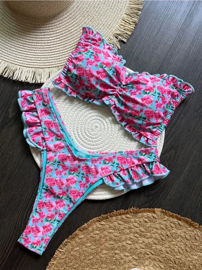 Maillot de bain 2 pièces imprimé fleuri à volants