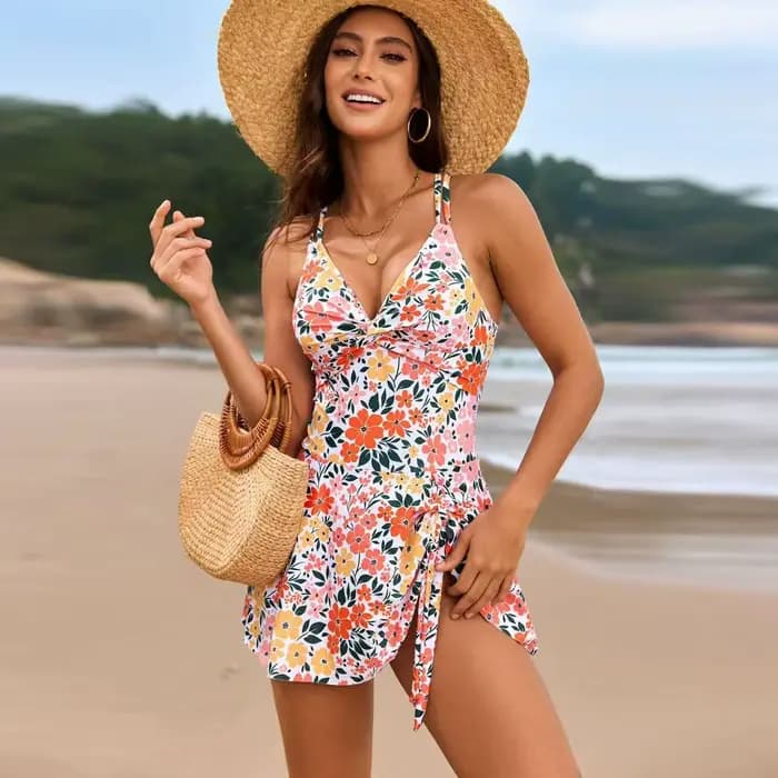 Robe imprimée florale maillot de bain femme une pièce Bikini Monokini plage vacances col en v jarret