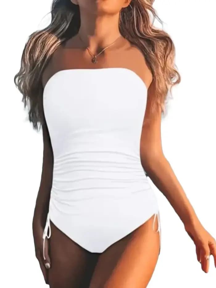 Maillot de bain une pièce noir uni sans bretelles avec cordon de serrage 2026 pour femme – Tenue de plage sexy