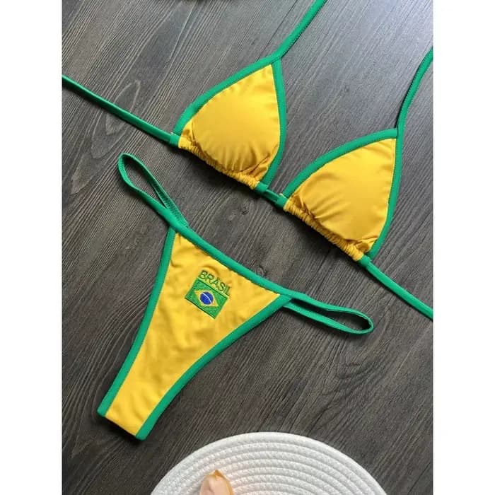 Broderie drapeau du brésil contraste fendu Bikini ensemble femmes maillots de bain Patchwork maillot de bain Hottie tenue SummerBeachwear