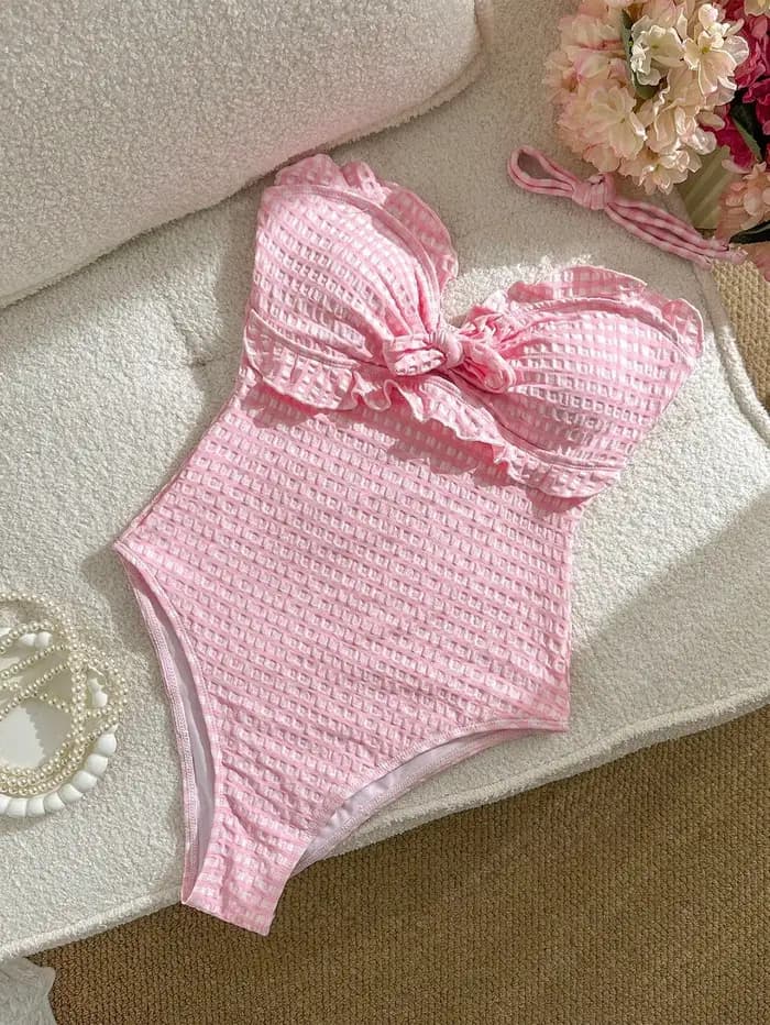 Maillot de bain une pièce sexy à épaules dénudées avec nœud, découpes, imprimé écossais, volants et coupe haute, monokini pour femme