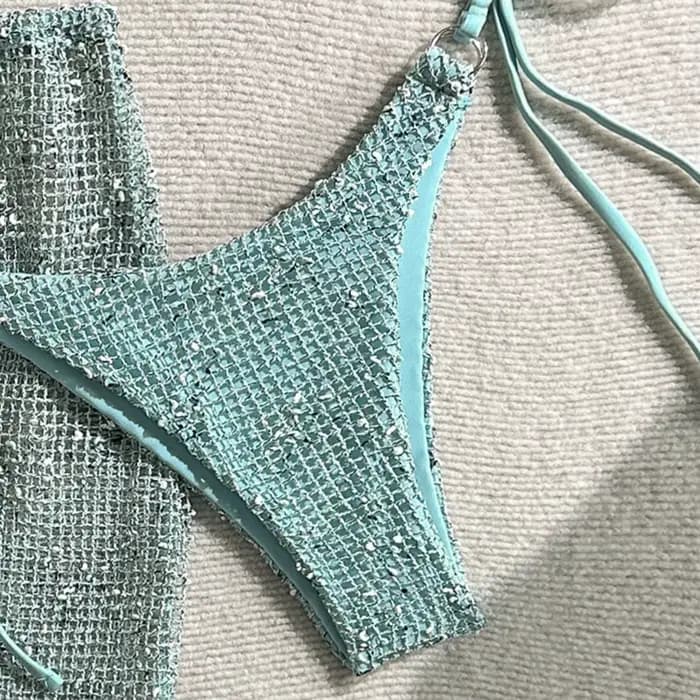 Ensemble de maillot de bain 3 pièces pour femme avec jupe sarong en résille