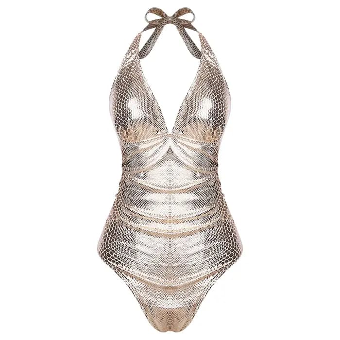 Maillot de bain une pièce métallisé effet peau de serpent pour femme, brillant, dos nu, col en V, av
