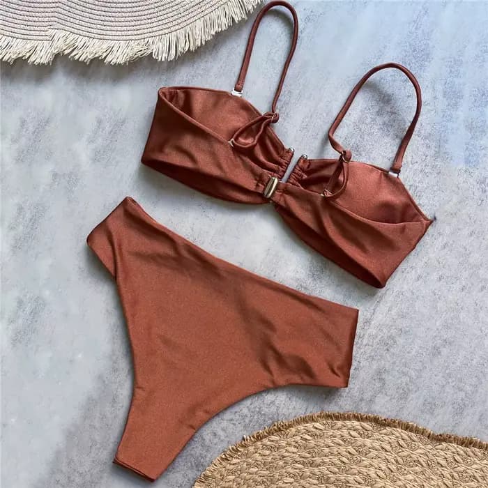 Marron brillant U en forme de Bikini taille haute Sexy maillot de bain femmes 2026 froissé maillots