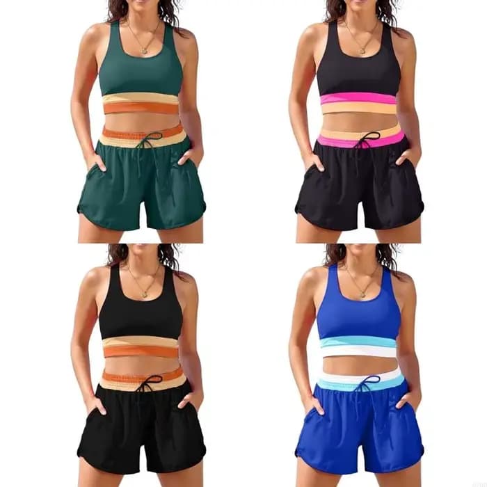 Ensemble short bain élégant deux pièces, maillot bain Flexible, Texture Polyester, taille haute, adapté aux bains à
