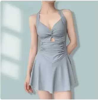 Maillot de bain une pièce amincissant pour femme, couleur unie, style robe, coupe conservatrice, ave
