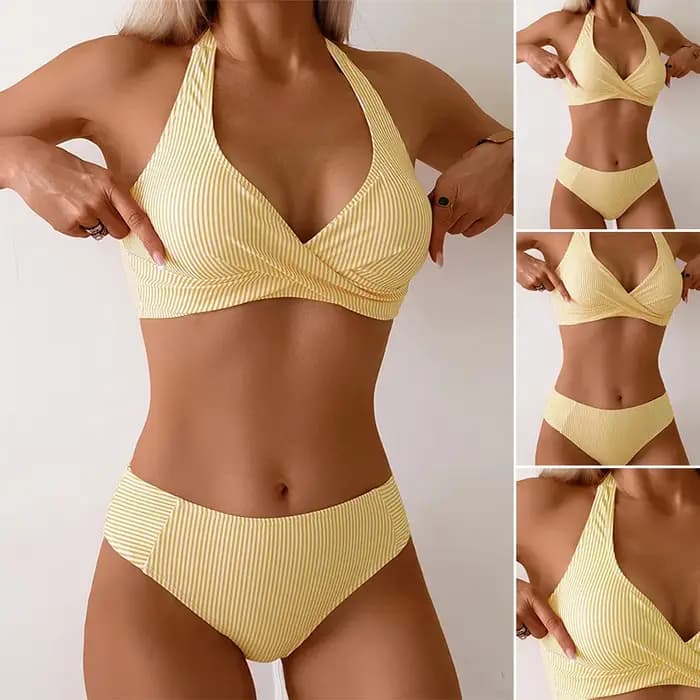 Haut de bikini rayé sexy pour femme avec bretelles à nouer, maillot de bain tendance en polyester pour adultes
