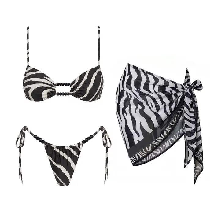 Ensemble bikini 3 pièces imprimé zèbre, maillot de bain sexy pour femme, bandeau, biquini push-up, maillot de bain coupe haute, tenue de plage