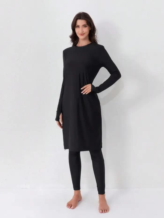 Maillot de bain décontracté pour femmes musulmanes, ensemble deux pièces, maillot de bain à col rond, style conservateur, boucle de doigt, robe noire, pantalon taille haute