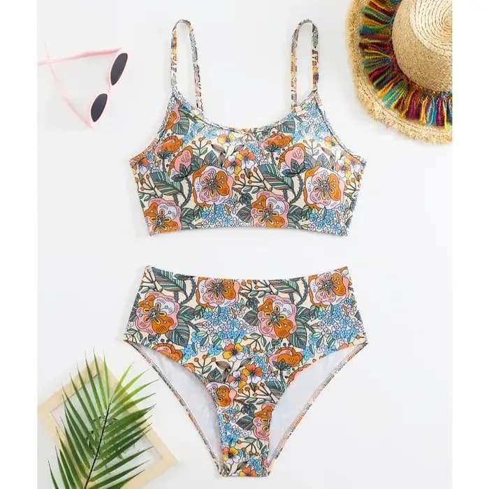 Ensemble bikini sexy pour femme, maillot de bain deux pièces à imprimé floral, taille haute, tenue de plage estivale