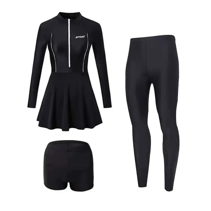 3pcs Beachwear Long Sleeve Swimsuit Tights Bikini Underwater Clothings Swim Dress with Pants Solid C