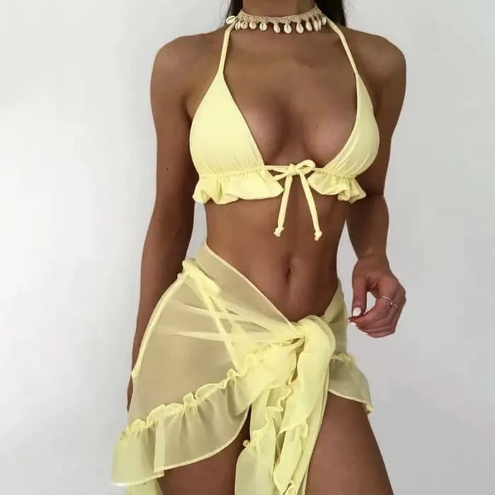 Maillot de bain sexy à lacets pour femme, ensemble bikini avec jupe plissée en maille, maillot de bain plissé à volants, bikini en V
