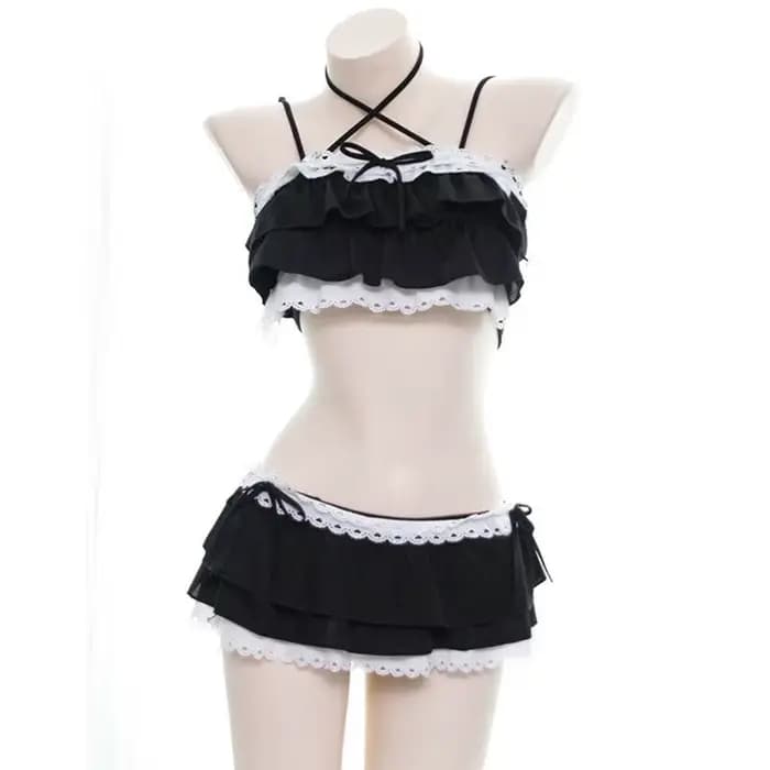 Mignon filles Lolita à volants Bikini Sukumizu Cosplay couleur rose et noir maillot de bain évidé multicouche ourlet Biquini femmes maillots de bain