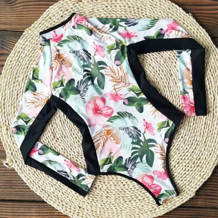 Maillot de bain une pièce à imprimé floral pour femmes, monokini à manches longues, tenue de plage