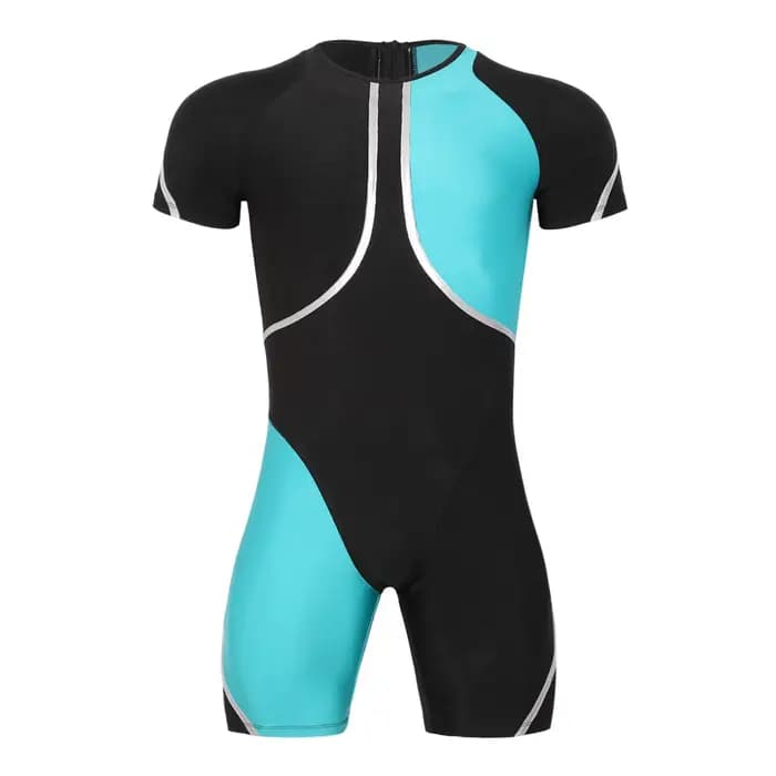 Maillot de bain une pièce pour homme, anti-UV, à manches courtes, col rond, couleur contrastante, pour le surf, avec effet ventre plat