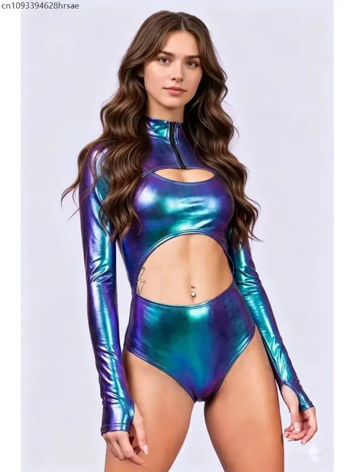 Combinaison irisée découpée à manches longues avec fermeture éclair sur le devant pour femme, maillot de bain une pièce pour la plage, festival de musique, rave party, costumes de cosplay