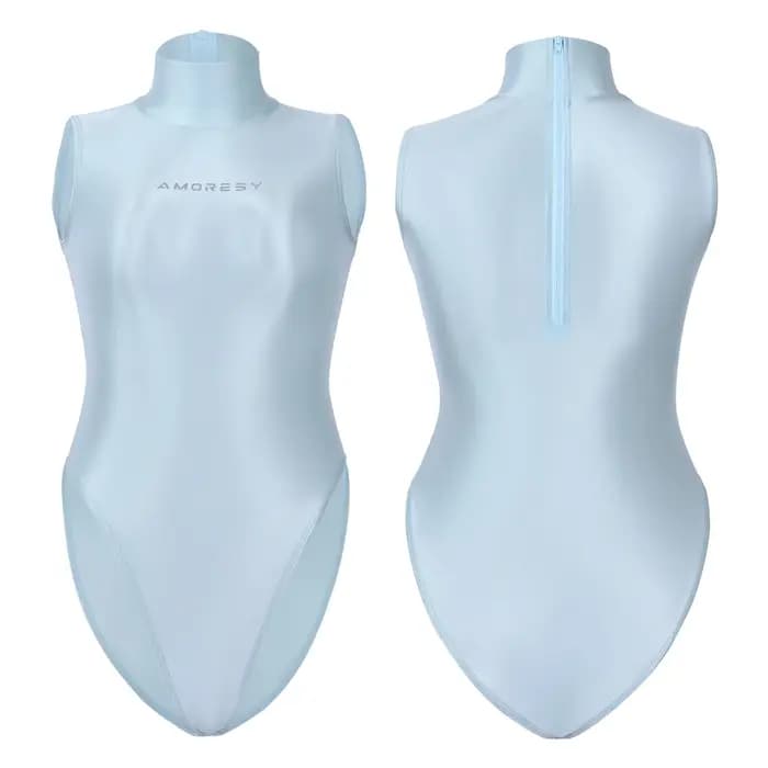 AMORESY Maillot de bain une pièce sexy ultra-fin transparent brillant pour femme, coupe haute, sans manches, respirant, col montant, pour la plage