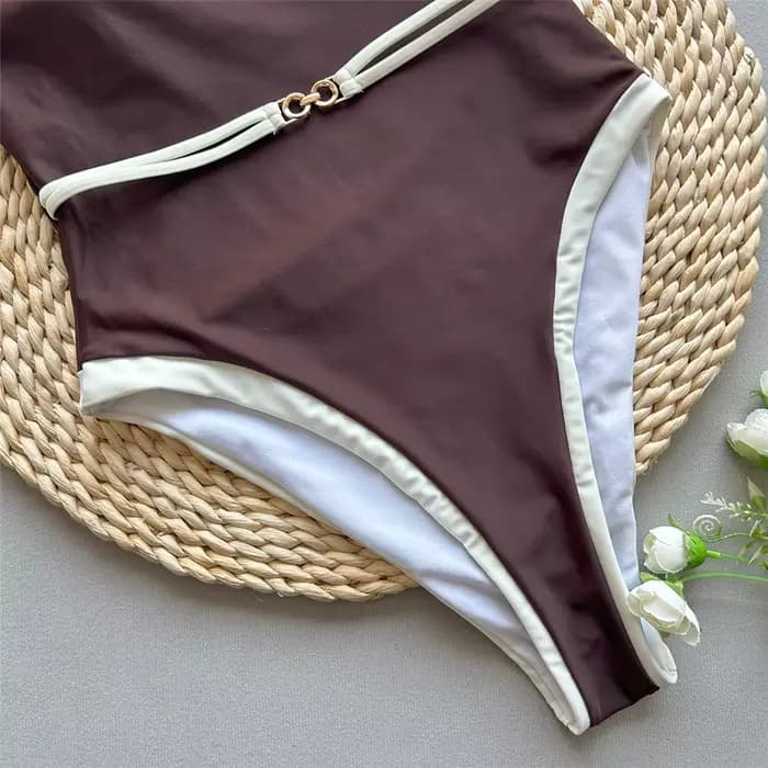 Maillot de bain sexy sans bretelles marron pour femmes, maillot de bain une pièce 2026, bord blanc, anneau métallique, ceinture, coupe haute, maillot de bain, monokini