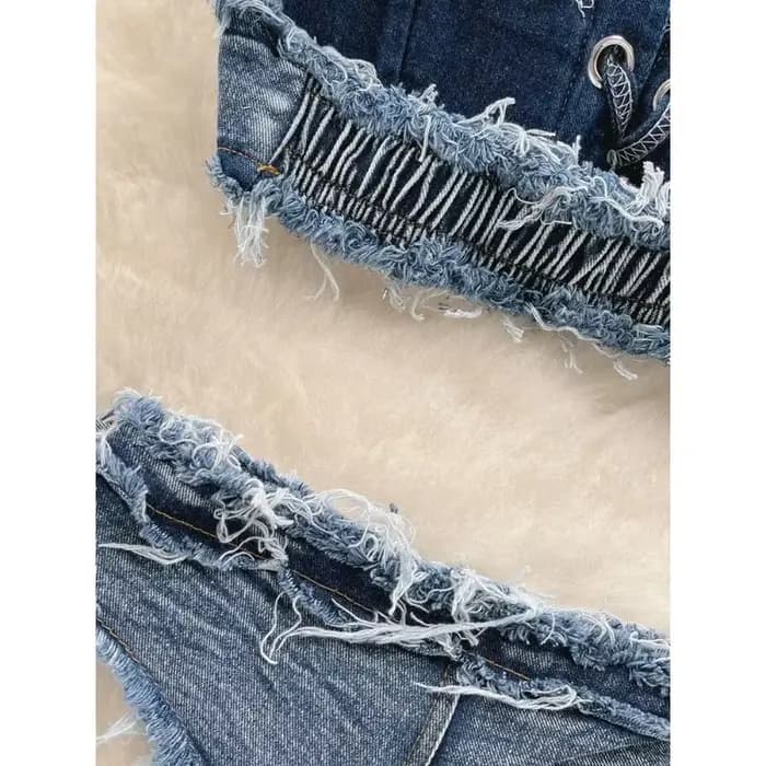 OIINAA maillot de bain femmes Sexy Denim costumes Bikini ensemble à lacets cordon maillots de bain 2025 solide été Vintage deux pièces maillots de bain