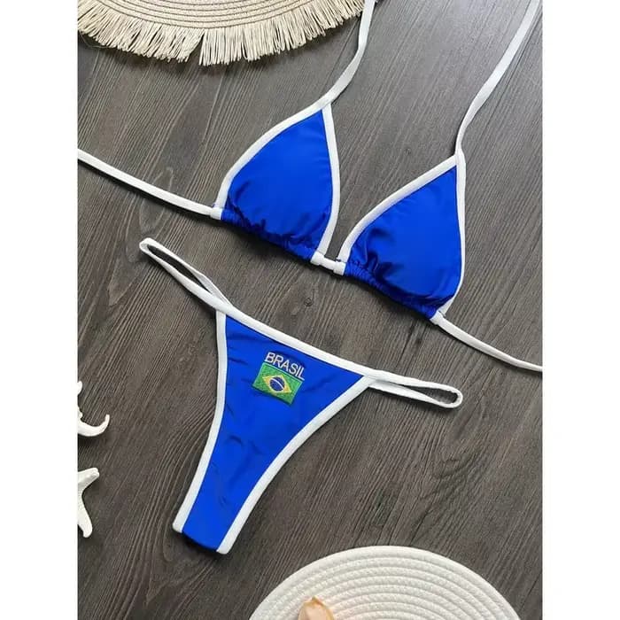 Broderie drapeau du brésil contraste fendu Bikini ensemble femmes maillots de bain Patchwork maillot de bain Hottie tenue SummerBeachwear